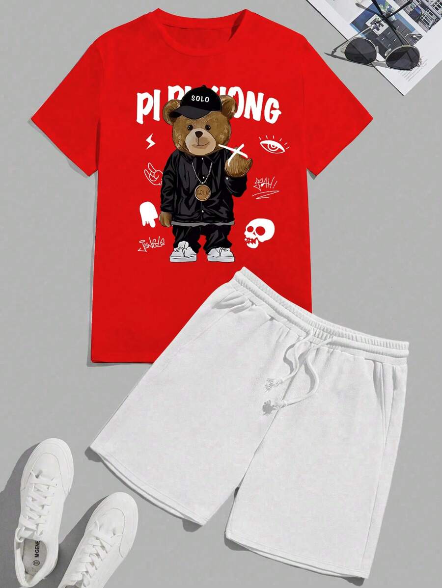 Men's Christmas Set Men's Streetwear T-Shirt + Printed Bermuda Sweatshirt Kit - Đỏ - Xem 1