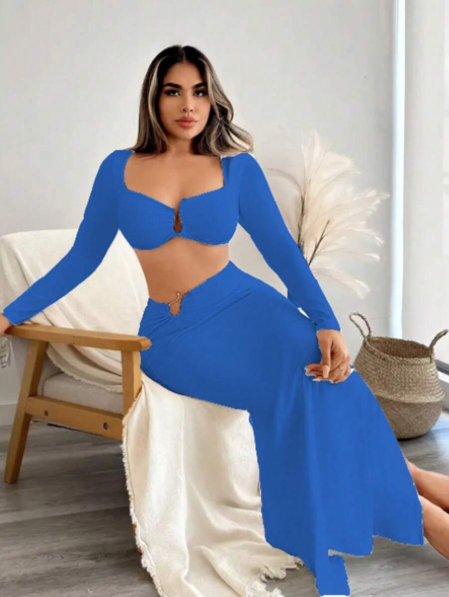 Long Sleeve Cropped Top With Long Skirt In Suplex Fabric, 2-Piece Set With Ring At The Front, Warm, Winter Fashion, Enjoy - 寶藍色 - 查看 1
