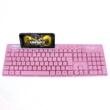 Pink USB Keyboard Multimedia Semi-Mechanical Ergonomic With Cell Phone Holder Cute Girly Gift