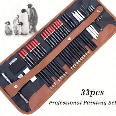 33pcs Professional Sketching And Drawing Pencil Sets, Including Charcoal Sticks, Graphite Pens, Paper Erasers, Beginner Artists Back To School