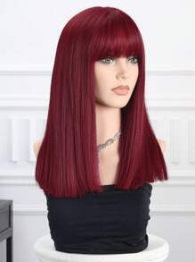 16 Inch Red Wig With Bangs,Straight Wigs For Women,Long Straight Heat Resistant Synthetic Wig For Fashion Women Goth Y2K Style