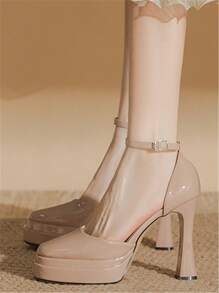 Sapatos Femininos De Salto Alto Super Alto, Plataforma Dupla, Revestido, Estilo Francês Mary Jane - Cor nua - Ver 1