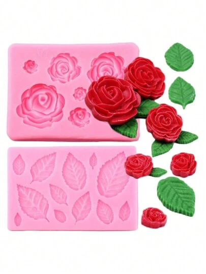 1 pieza/2 piezas Molde de silicona para dulces DIY Herramientas de decoración de pasteles Decoración de magdalenas con flor de rosa y hoja Molde de fondant y chocolate