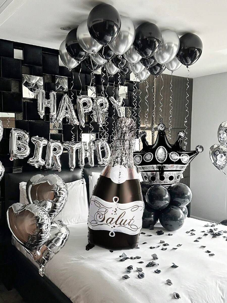 49 件银色和黑色生日快乐气球装饰套装，包括生日快乐横幅、瓶子、皇冠、心形气球，适用于银色和黑色主题生日派对、婚礼、周年纪念、毕业典礼、新年、情人节、拍照亭背景、男士和女士银色生日快乐派对装饰 - 彩色 - 查看 1