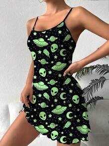 Camisola Sexy Estampada com Alienígena e OVNI para Mulheres