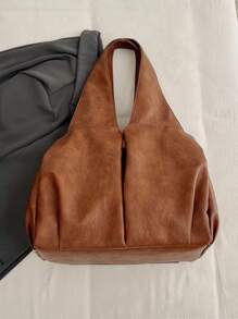 KVKY 新款复古风格褶皱设计纯色软皮手提包女士多口袋单肩流浪包大容量多层斜挎包，适合上班通勤、购物、旅行 - 棕色 - 查看 7