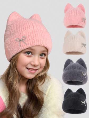 1pc Kid Cute Ear Knitted Hat, Warmer -Soft Beanie For Autumn & Winter