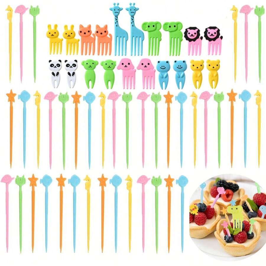 40/48/60 Stück süße Tier-förmige Lebensmittel-Picker Set, wiederverwendbare Obst-Gabeln und Bento Box Zubehör, ideal für Partys, Feiertage, Outdoor-BBQ, Zuhause, Schule, Apartment - Verschiedenfarbig - Übersicht 1