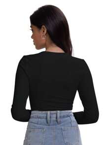 OUTBALL Womens Long Sleeve Scoop Neck Shirts Knit Tops Slim Fitted Tees Basic Casual Fall Outfits - màu đen - Xem 2
