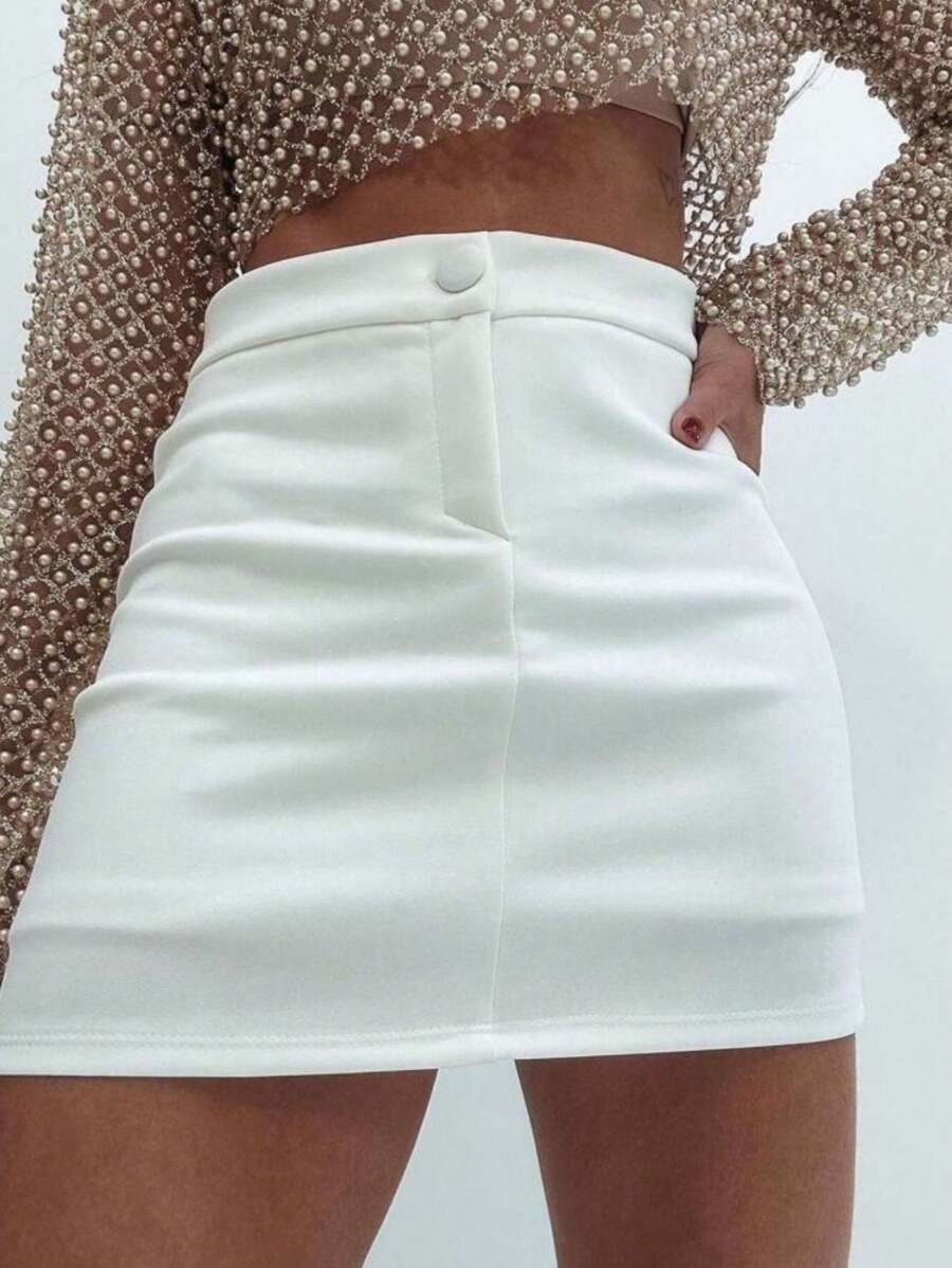 NEOPRENE SHORTS Skirt With Covered Button Zipper Summer Skirt Front And Back Women's Fashion Short Gringa - trắng - Xem 1