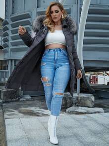 Astrid 大码拉链按扣毛绒装饰连帽加厚外套，适合冬季