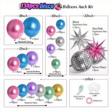 Set de 135 piezas de decoración de arco de bola de discoteca, que incluye globos de bola de discoteca en plata, azul, verde, morado, rosa y dorado, globos de foil de estallido de estrella, adecuado para decoración de fiesta de cumpleaños, década de los 70, 80 y 90, fiesta de disco, regreso a la escuela, Día de San Valentín