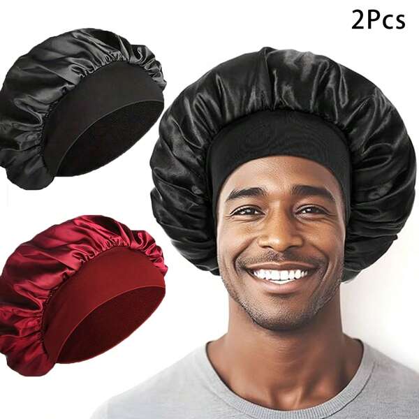 2 Pcs Men's Bonnets Solid Color Wide Edge Elastic Silk Smooth Satin Bonnet For Both Men And Women, Casual And Comfortable Sleeping Hat, Hair Care Hat
