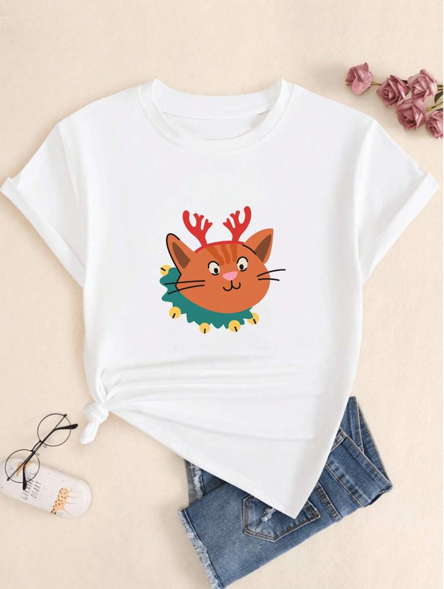 Cotton T-Shirt Blouse Christmas Style Modern Cute Breathable Comfort Summer - 奶油色 - 查看 1