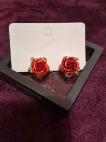 1 Par De Aretes Versátiles Con Forma De Estrella De Cinco Puntas Y Rosa Con Decoración Fresca Y Sencilla De Diamantes De Imitación - Rojo violeta - Ver 5