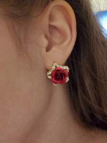 1 Par De Aretes Versátiles Con Forma De Estrella De Cinco Puntas Y Rosa Con Decoración Fresca Y Sencilla De Diamantes De Imitación - Rojo violeta - Ver 2