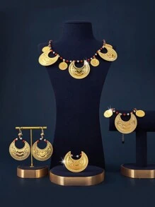 A Set Of Women's Accessories Including Necklace, Bracelet, Ring, Earrings In Gold-Color Copper Alloy With, European And American, Simple, Sweet, Exaggerated, Fashionable, High-End, Retro Styles, Suitable For Outings, Casual Meetings, Daily Dating, Christmas And Other Festivals, Gifts For Girlfriends, Parents. - Gold - View 2