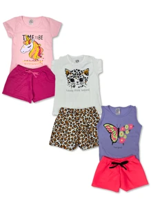 Kit 6 Peças Roupa Infantil Menina Verão 3 Conjunto Sortidos 3 Camisetas + 3 Shorts/Bermudas - Multicolorido - Visão 10