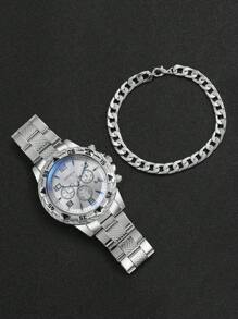 4pcs Set: Men's Business Casual Steel Strap 3-Eye Numeric Scale Large Dial Quartz Wrist Watch + Bracelet