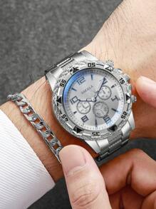 4pcs Set: Men's Business Casual Steel Strap 3-Eye Numeric Scale Large Dial Quartz Wrist Watch + Bracelet