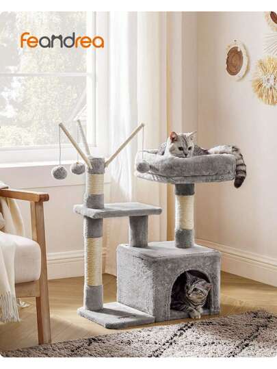  Feandrea Árbol para Gatos, Torre Pequeño de Gatos con Plataforma Acolchada, Cueva para Gatos, 3 Pompones, Centro de Actividades para Gatos, Gris Claro