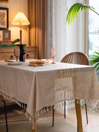  Tokoto 1 件手工亚麻拼布矩形桌布，波西米亚乡村钩针餐垫，复古镂空米色流苏桌布，适用于节日装饰、餐厅、厨房、酒店、卧室、客厅、派对