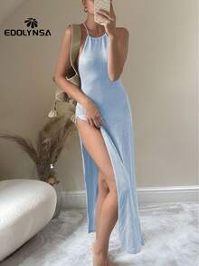 性感针织露背透视开衩吊带长裙泳装罩衫度假连衣裙夏季海滩 - 霧霾藍 - 查看 6