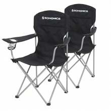 SONGMICS Camping Chair, Set Of 2 Outdoor Chairs, High Back, Armrests, Cup Pocket, Portable, Foldable, 330 Lbs Load, Camping, Garden, Fishing, Patio, Black - 黑色 - 查看 1