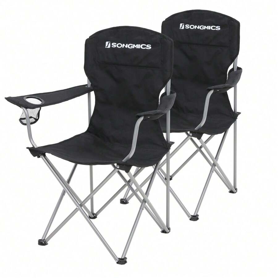 SONGMICS Camping Chair, Set Of 2 Outdoor Chairs, High Back, Armrests, Cup Pocket, Portable, Foldable, 330 Lbs Load, Camping, Garden, Fishing, Patio, Black - 黑色 - 查看 1
