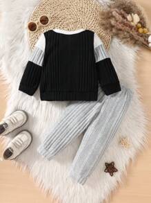2pcs Back To School Boys Clothes Set, Casual Colorblock Round Neck Top Paired With Black Pants, Autumn - Grey - View 2