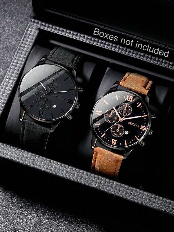 LIANDU LIANDU Men Watch 2pcs Men's Fashionable Round Dial Quartz Watch With Black Pu Strap And Calendar Function Watch For Men Suitable For Men Party,Holiday,Birthday Wear Or As Brother,The Best Gift For A Man(No Box)