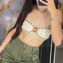 Crochet Cropped Strapless Bandeau Top With Ties, Hoop Style, Summer, Various Sizes - 生咖啡和卡布奇諾 - 查看 4
