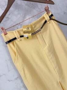 Midi Skirt With Belt High Waist Slit - Yellow - View 9