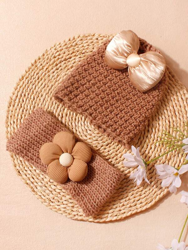 Conjunto de 2 peças de chapéu de malha com laço para bebê e faixa de cabeça com flores, adequado para uso diário no outono/inverno