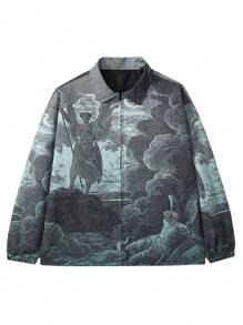 男士轻便休闲夹克，春/秋，翻领，全身印花，拉链长袖，潮流时尚外套 - 墨綠色 - 查看 1