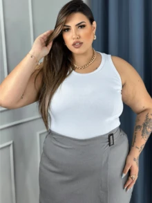 LISA Basic Bicolor Ribana Plus Size Women's Tank Top - trắng - Xem 3