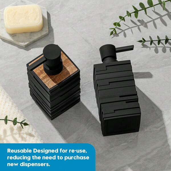 Matte Black Soap Dispenser With Sandalwood Decor, Square Shape Large Capacity 10oz, Suitable For Bathroom & Kitchen Counter Home Bathroom Decor Fall Decor Back To School