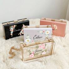 Bolsa de maquillaje de acrílico personalizada, embrague de dama de honor, bolsa de fiesta transparente, billetera personalizable, bolsa de maquillaje de viaje con cadena, hermoso regalo para la novia