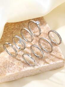 8 款时尚百搭不锈钢蝴蝶镶水钻刻面女士戒指套装，适合男女日常佩戴节日约会礼物套装情人节戒指，妈妈，母亲，母亲节，礼物 - 銀色 - 查看 4