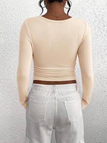 Women's Autumn Long-Sleeved Henry Shirt T-Shirt Button Ribbed Knit Fashion Tight Basic Top Shirt - Màu be - Xem 4