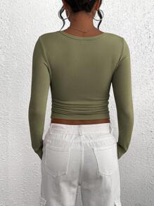 Women's Autumn Long-Sleeved Henry Shirt T-Shirt Button Ribbed Knit Fashion Tight Basic Top Shirt - Xanh xám - Xem 5