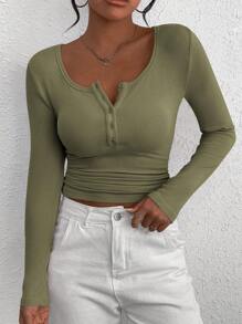 Women's Autumn Long-Sleeved Henry Shirt T-Shirt Button Ribbed Knit Fashion Tight Basic Top Shirt - Xanh xám - Xem 1