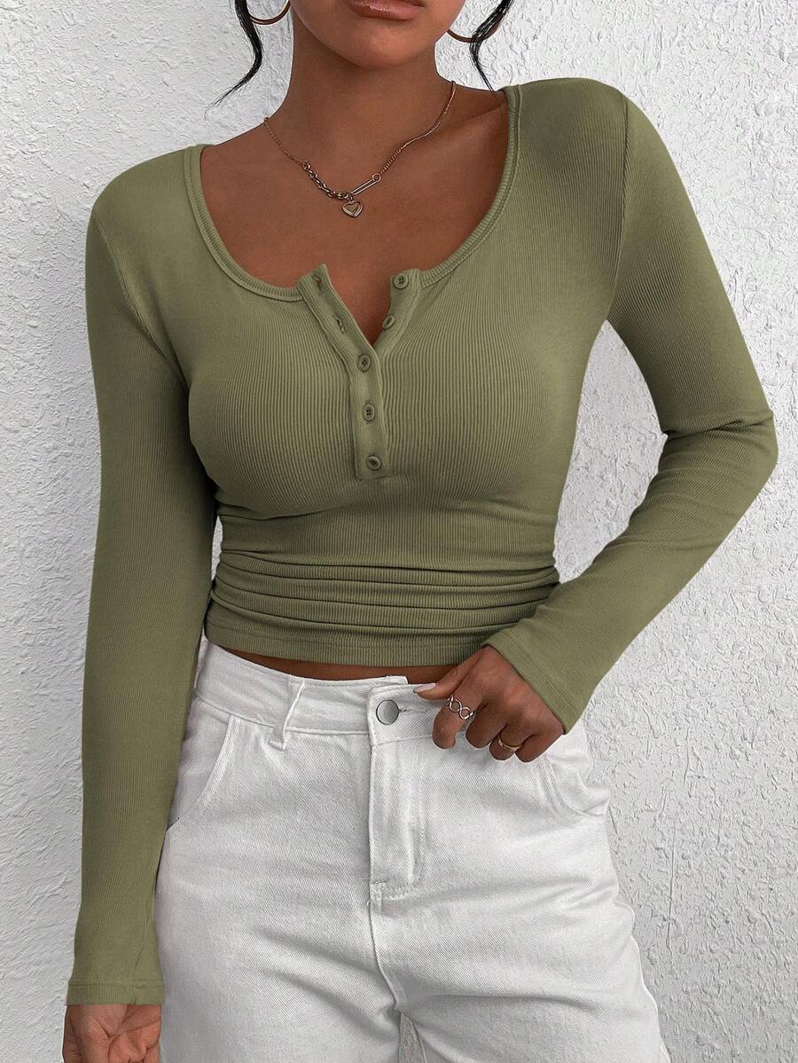 Women's Autumn Long-Sleeved Henry Shirt T-Shirt Button Ribbed Knit Fashion Tight Basic Top Shirt - Xanh xám - Xem 1