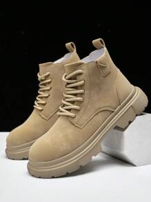 Giày bốt buộc dây phía trước màu trơn thời trang nam, giày bốt làm việc ngoài trời, giày bốt thời trang unisex - Kaki - Xem 6