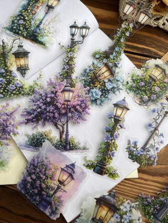 15 Sheets/Pack Vintage Waterproof Street Lamp Landscape Stickers, Decoration For Scrapbooking, PET Cut-Out Stickers Back To School