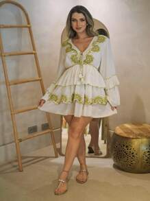 Short Dress EMBROIDERED Long Sleeve Luxury Elegant Feminine Embroidered Ideal For Wedding Party - 青檸色 - 查看 2