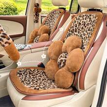 Almofada de assento de carro de pelúcia leopardo 1 peça, almofada de assento automotivo antiderrapante macia e confortável, adequada para a maioria dos carros no outono e inverno - Café - Ver 1