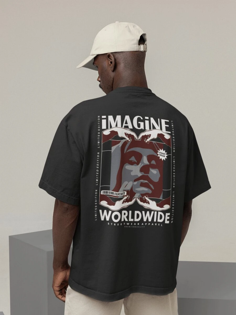 Shirt Oversized T-Shirt Turtleneck Streetwear Men And Women 100% Cotton Urban Style For Training And Everyday Black And Off Whte Printed - IMAGINE - 黑色 - 查看 1