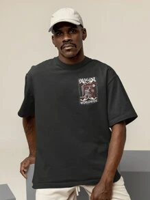 Shirt Oversized T-Shirt Turtleneck Streetwear Men And Women 100% Cotton Urban Style For Training And Everyday Black And Off Whte Printed - IMAGINE - 黑色 - 查看 2