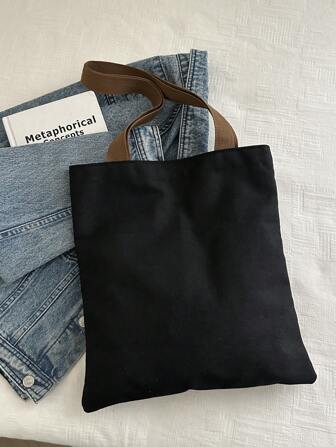 1 件黑色字母印花托特包女士帆布单肩包手提包学生简约学习/学校背包，大容量旅行证件整理包，青少年艺术风格书包，女士或学生书包，非常适合书籍、购物、返校等